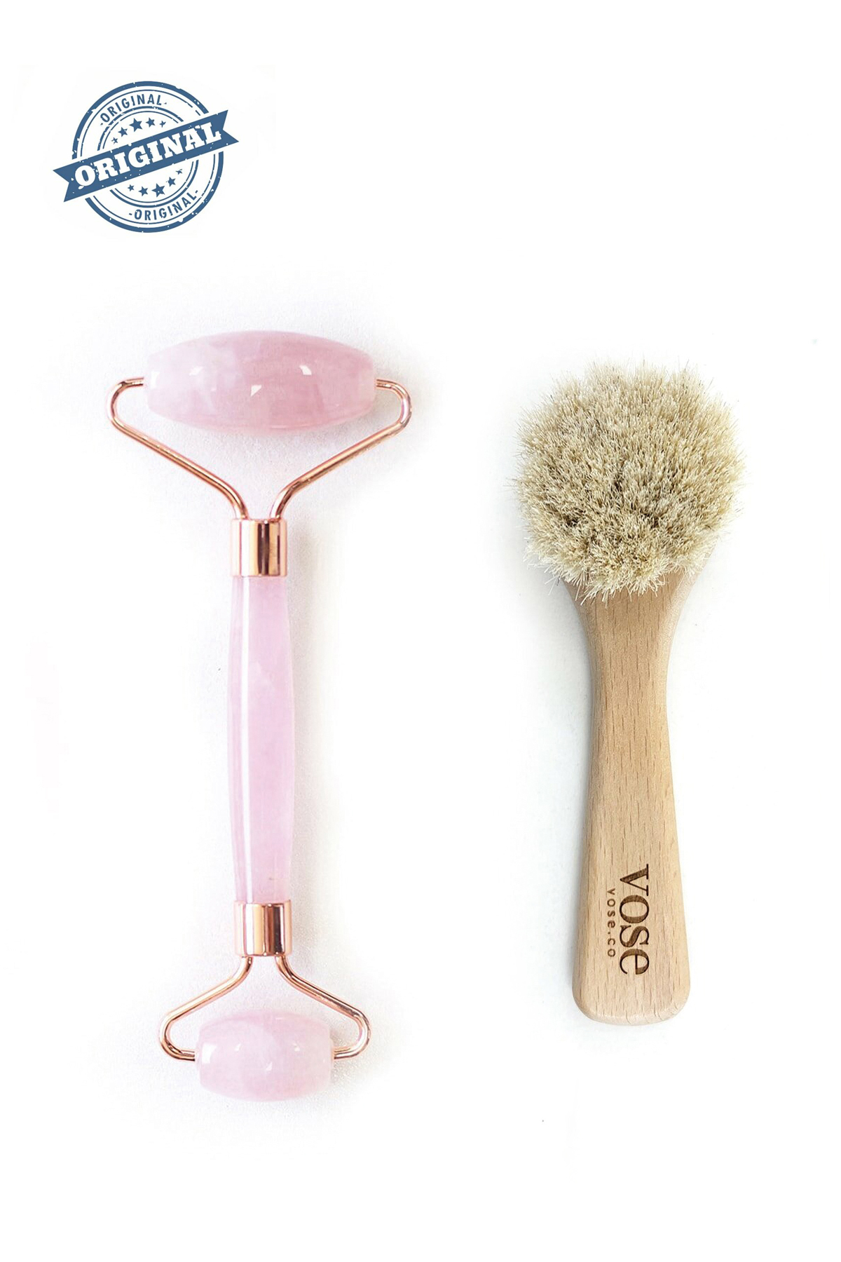 2' Li Set Rose Quartz Facial Roller + Yüz Fırçası %100 Doğal (At Kılı)