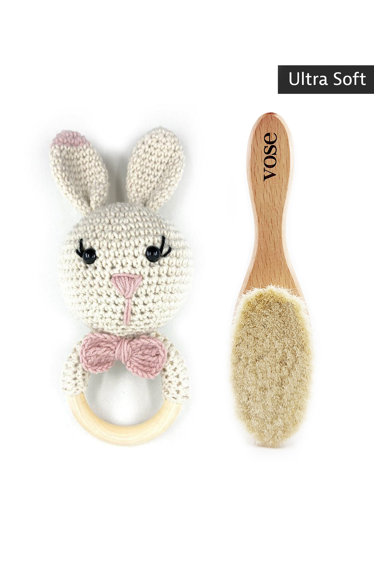 2' Li Set Ahşap Yumuşak Bebek Saç Fırçası & Amigurumi Çıngıraklı Diş Kaşıyıcı - Rose
