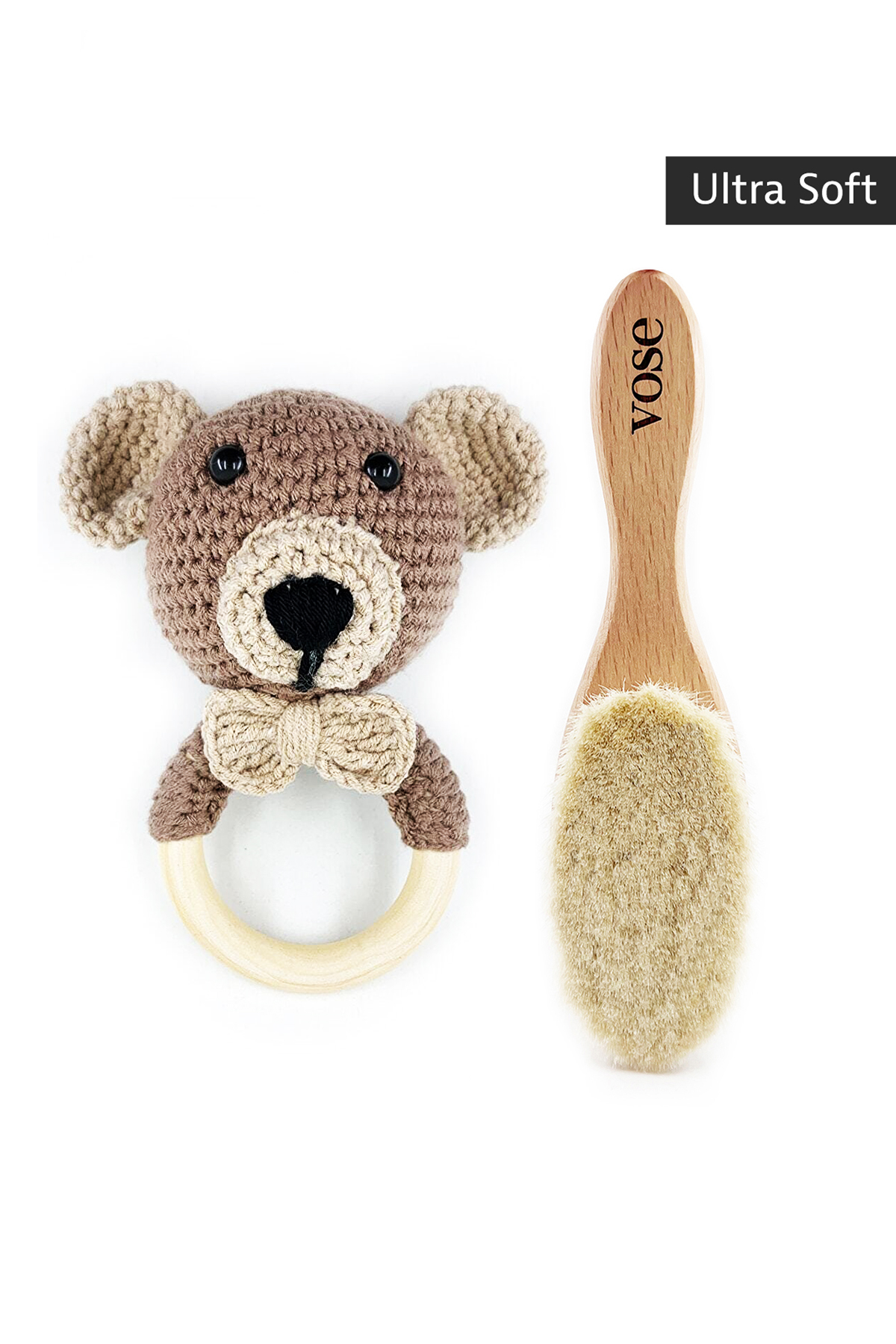 2′ Li Set Ahşap Yumuşak Bebek Saç Fırçası & Amigurumi Çıngıraklı Diş Kaşıyıcı – Brown