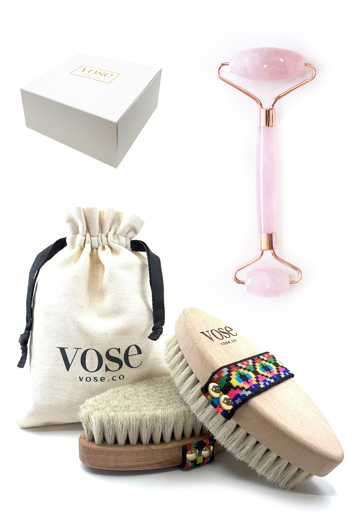 2' Li Set %100 Doğal At Kılı Vücut Fırçası (Tulip) & Rose Quartz Facial Roller