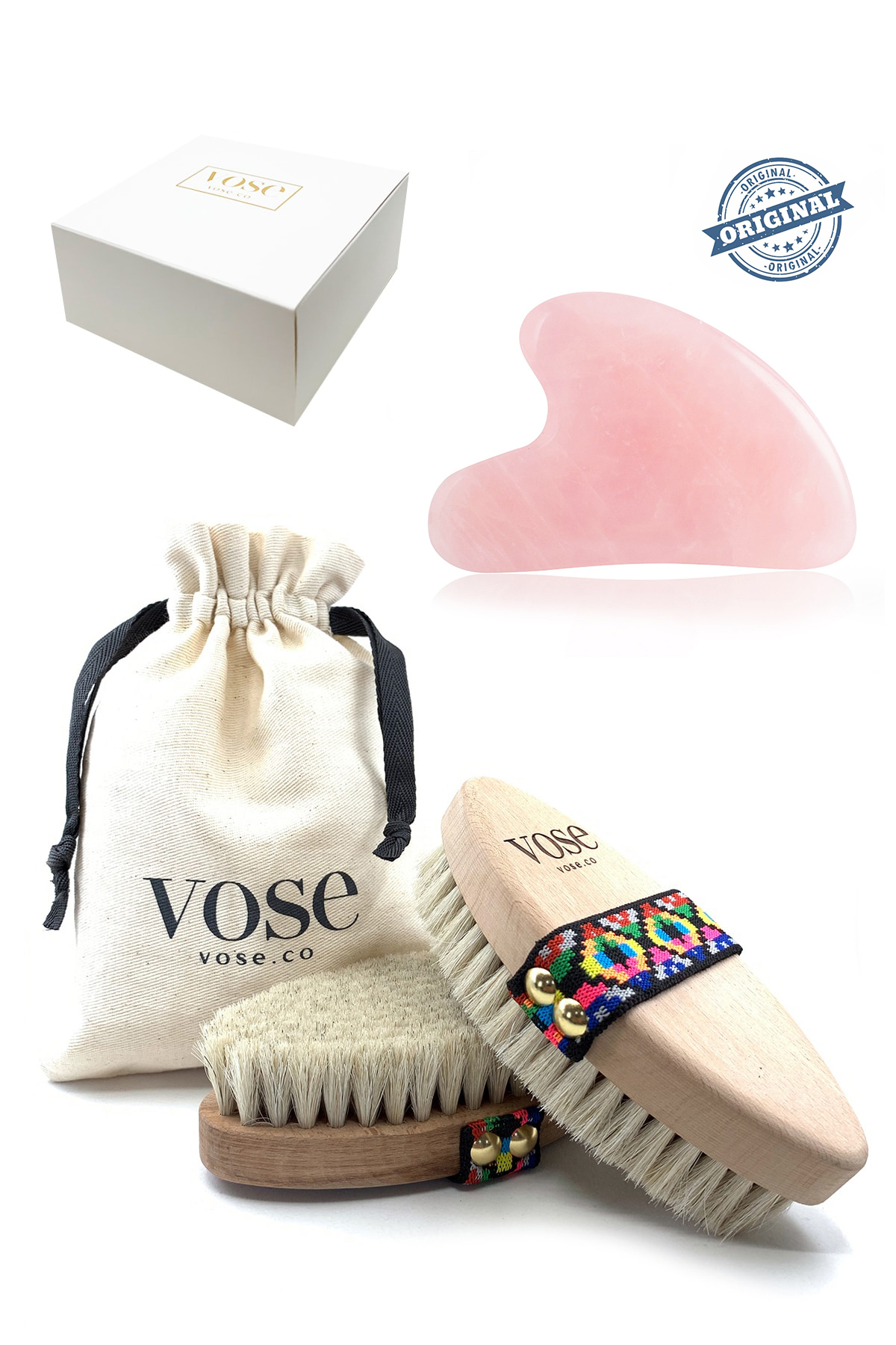 %100 Doğal At Kılı Selülit Fırçası (Tulip) & Rose Quartz Gua Sha Masaj Taşı