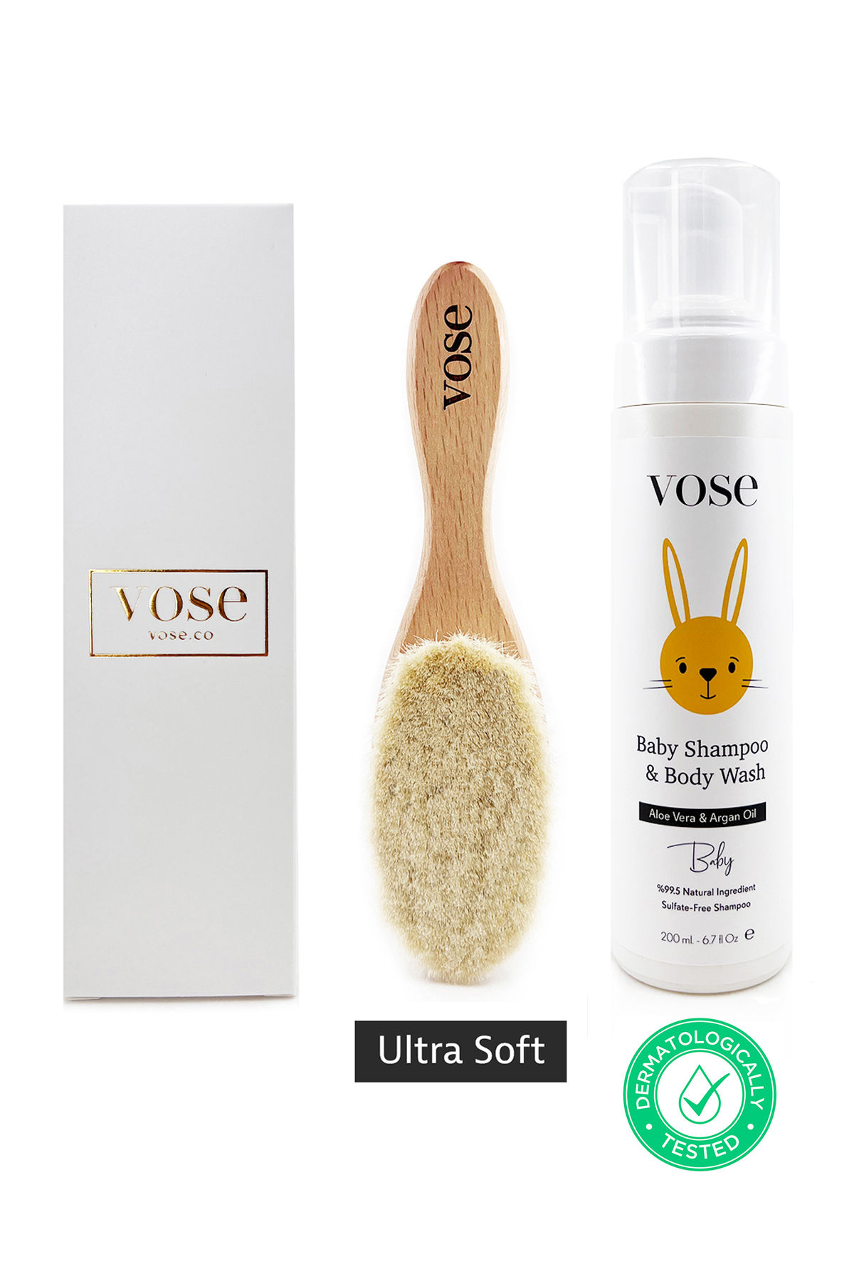 Bebek Saç Fırçası 0 Ay + (Keçi Kılı) & Saç ve Vücut Köpük Şampuanı 200 Ml